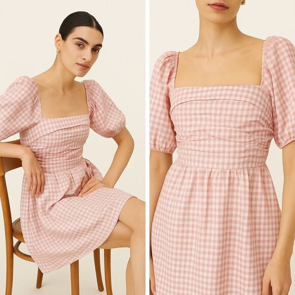 Reformation Zula Linen Dress pink check size US10 - Picture 3 of 11